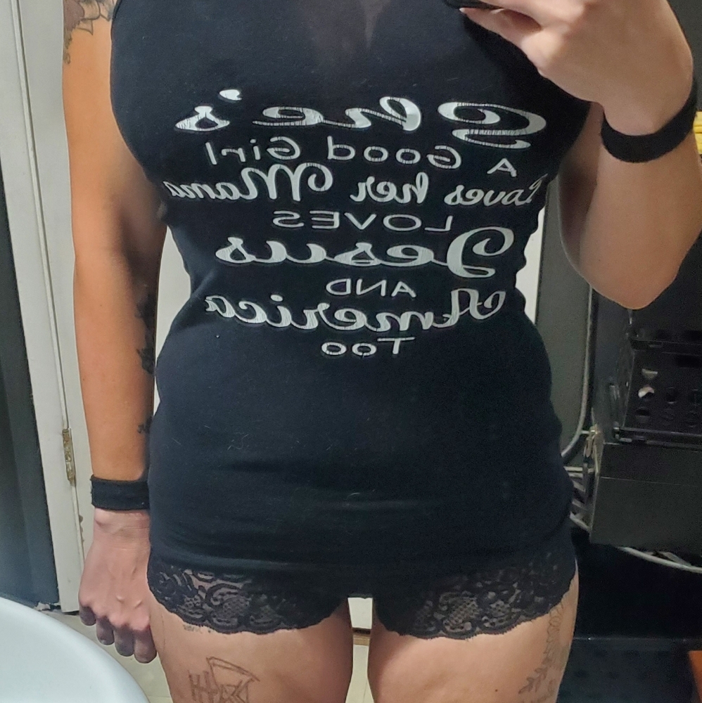 Black Graphic Racer Tank- Loves Jesus, Mama And America